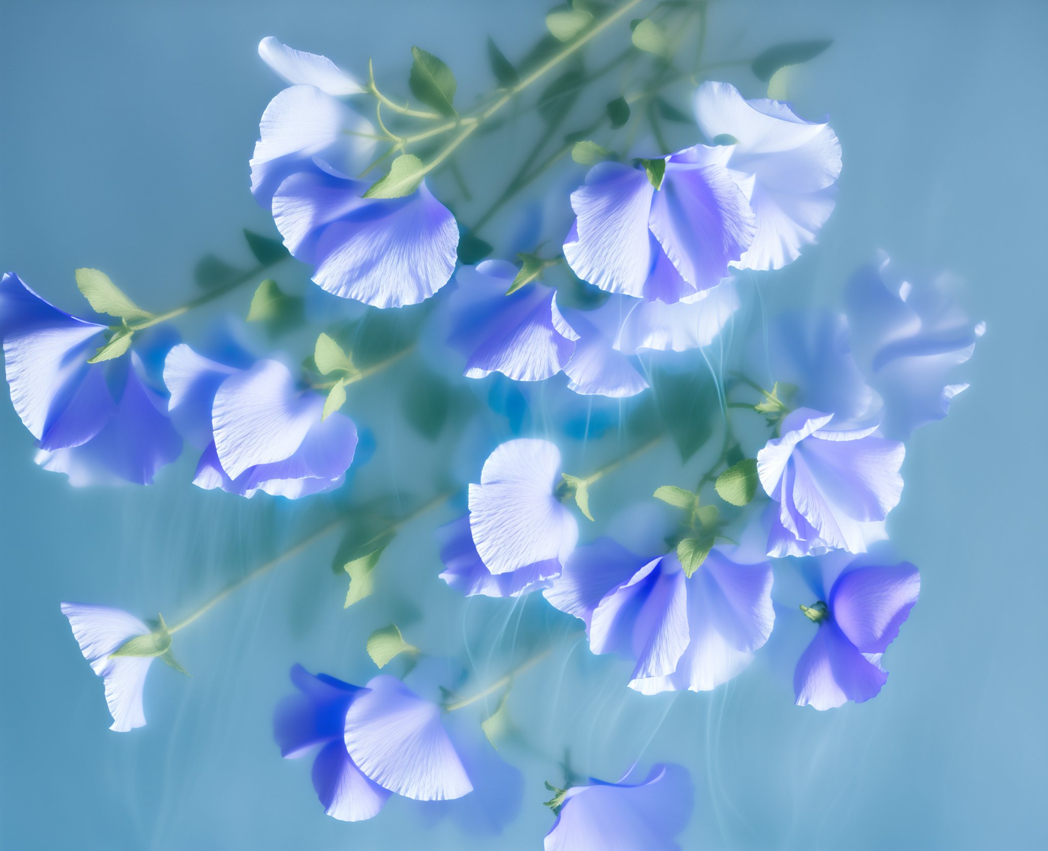 00446-501326943-there are many purple flowers in a blue vase on a table, blue - petals, blue flowers, nebulous bouquets, archival pigment print,.jpg